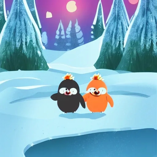 Image similar to two happy cute chibi penguins sitting around a campfire near a cave entrance to a mountain, there is a forest of trees in the background and a small frozen lake in the distance, trending on artstation, 3d digital artwork, cinematic lighting, 4K, very full detail, vector, amazing artwork, trending on Behance award-winning art, kawaii