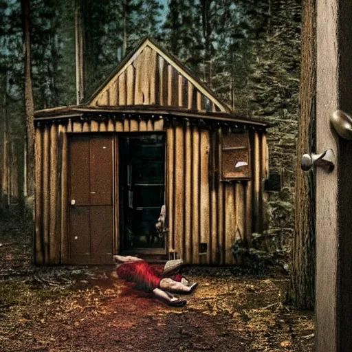 Image similar to locked in a cabin in the woods : a horror story come to life, this photo idea features a person locked in a cabin with a madman outside, trying to get in.