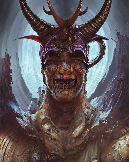 Prompt: a painting of a demon with large horns, cyberpunk art by Android Jones, zbrush central contest winner, fantasy art, apocalypse art, detailed painting, intricate