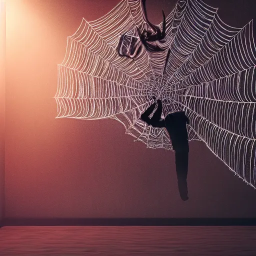 Image similar to a man pushed flat against a wall with limbs spread out covered with a large spider web, cinematic lighting, deep colors, epic scale