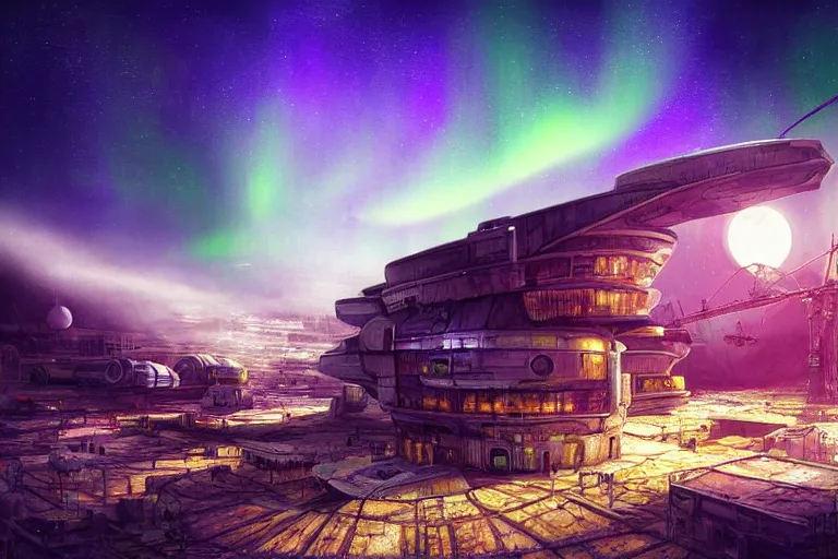 Image similar to spaceship favela honeybee hive, sci - fi interior environment, industrial factory, apocalyptic, moonlight, aurora borealis, award winning art, epic dreamlike fantasy landscape, ultra realistic,