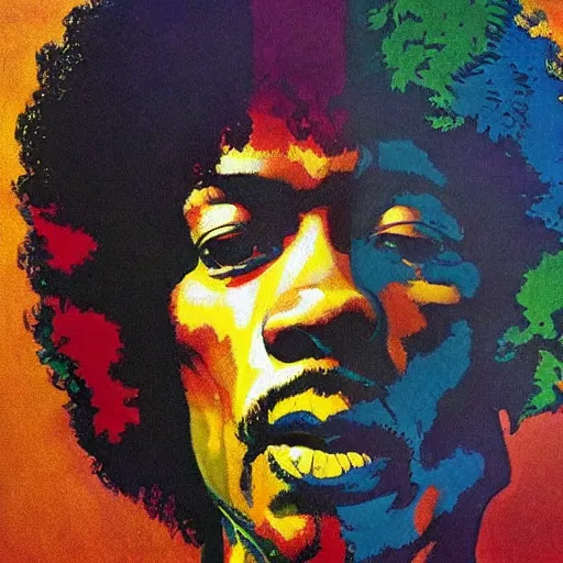 Image similar to colorfull artwork by Franklin Booth showing a portrait of Jimi Hendrix