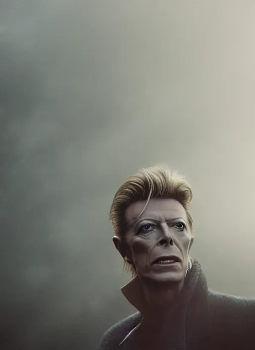 Image similar to david bowie in real life, face centered portrait of david bowie, confident, fog, rain, volumetric lighting, beautiful, golden hour, sharp focus, ultra detailed, cgsociety by leesha hannigan, ross tran, thierry doizon, kai carpenter, ignacio fernandez rios, noir art house, 4 k, 3 5 mm, fujifilm