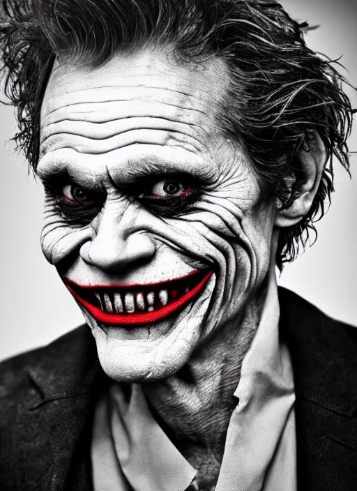 Prompt: photo of Willem Dafoe as the Joker by Eolo Perfido and Lee Jeffries, big smile, head shot, detailed, award winning, Sony a7R