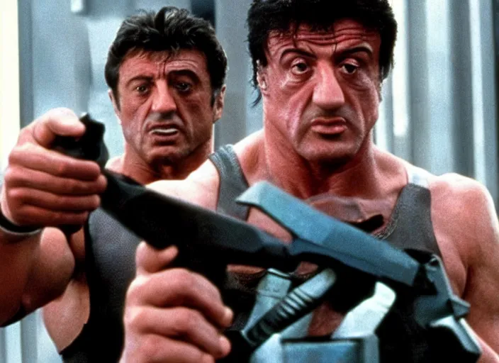 Image similar to sylvester stallone in a still from the movie Total Recall (1990)