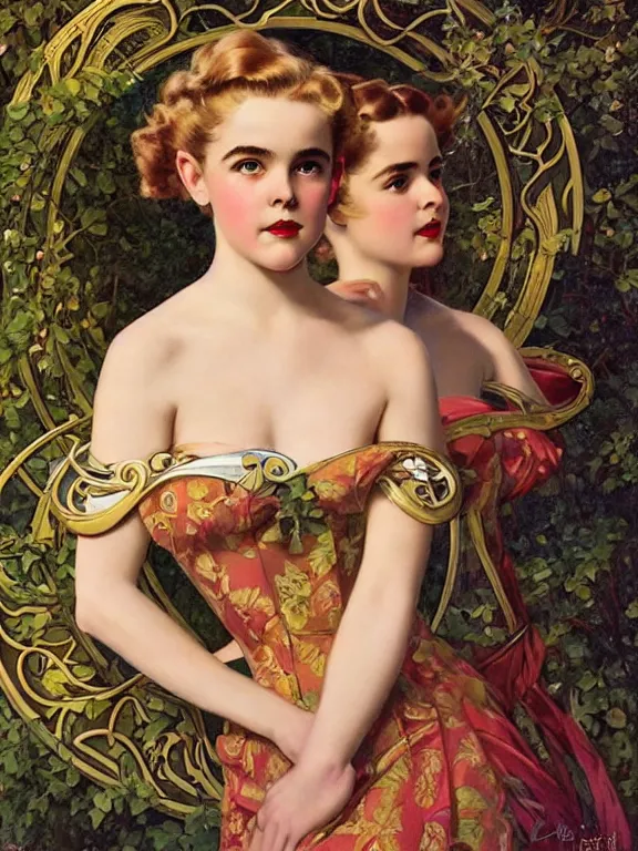 Image similar to Kiernan shipka as the three graces, a beautiful art nouveau portrait by Gil elvgren, Moonlit forest environment, centered composition, defined features, golden ratio, silver jewelry