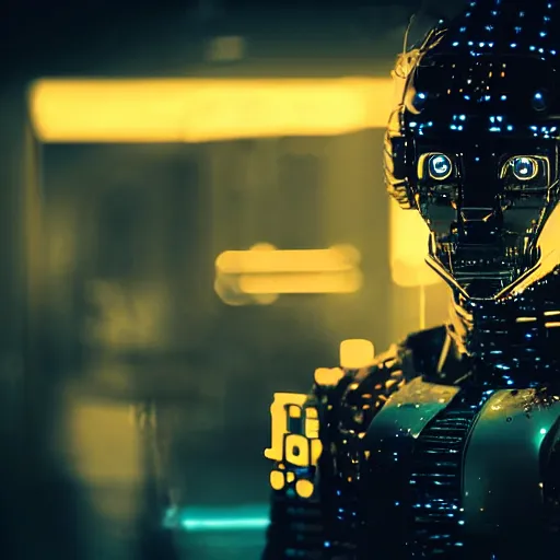 Image similar to portrait of cyber wolf, machine, cyberpunk, android, robot, mechanical parts, editorial photography, neons, blade runner, futuristic style, realistic bokeh and depth of field, award winning, establishing shot