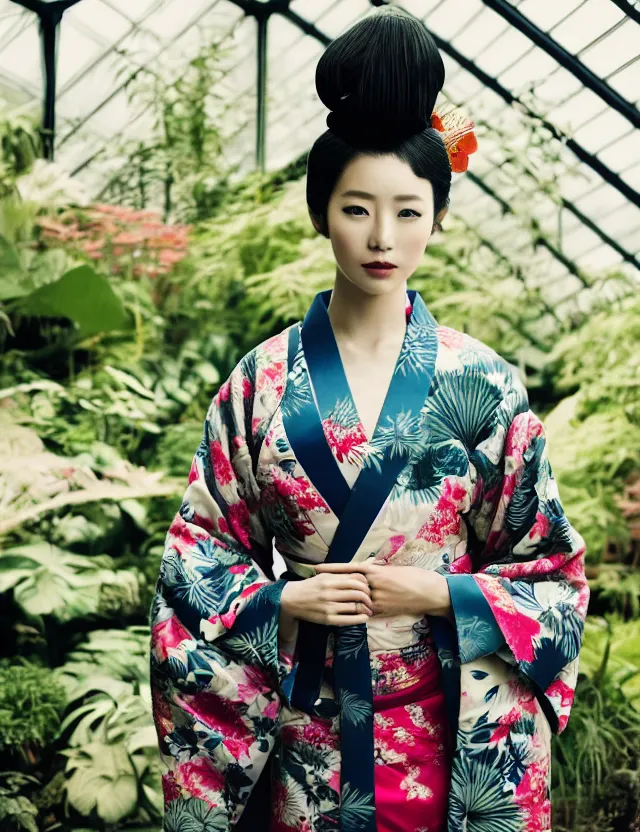 Image similar to fashion photograph of a beautiful Japanese woman wearing a traditional kimono in a tropical greenhouse, by Annie Leibowitz, by Alessio Albi, extremely detailed, large format camera, Fuji Provia film, 85mm lens, bokeh, blurred background, photorealistic, trending on instagram, trending on artstation