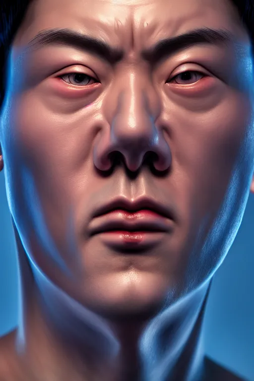 Image similar to hyperrealistic close-up rococo biomechanic! chinese man highly detailed concept art eric zener elson peter cinematic blue lighting high angle hd 8k sharp shallow depth of field