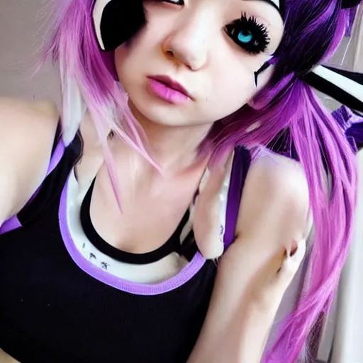 Image similar to anime girl with short purple hair and cat ears and a black tank top, aesthetic