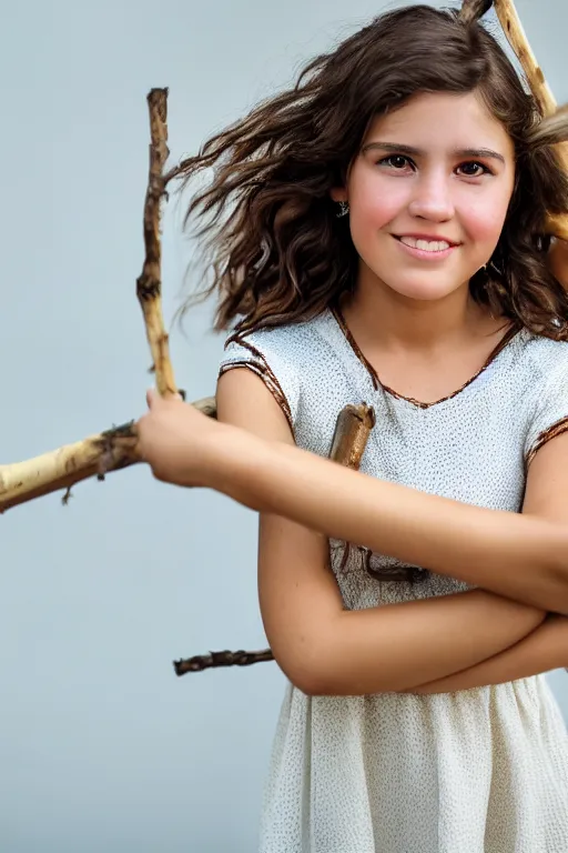 Prompt: close up headshot of a middle-school girl with brown eyes and unkempt wavy short brown hair wearing a white dress and holding a bundle of firewood, high resolution film still, 8k, HDR color, short hair, round face, dimples, beautiful gazing eyes