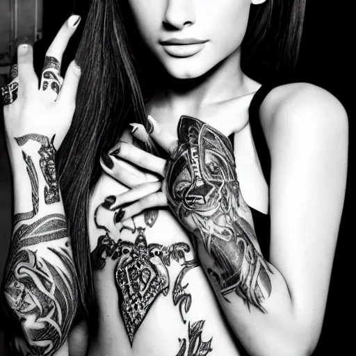 Prompt: ariana grande recursive photo beautiful ariana grande photo bw photography 130mm lens. ariana grande backstage photograph posing for magazine cover. award winning promotional photo. !!!!!COVERED IN TATTOOS!!!!! TATTED ARIANA GRANDE NECK TATTOOS