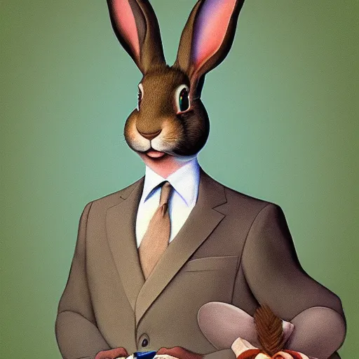 Prompt: a detective rabbit by Raphael, Hopper, and Rene Magritte. detailed, romantic, enchanting, trending on artstation.