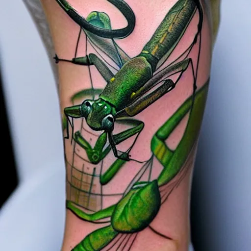 Prompt: ! dream tattoo of a cyborg praying mantis slightly chill, green, white, and black ink, hyperdetailed, realistic