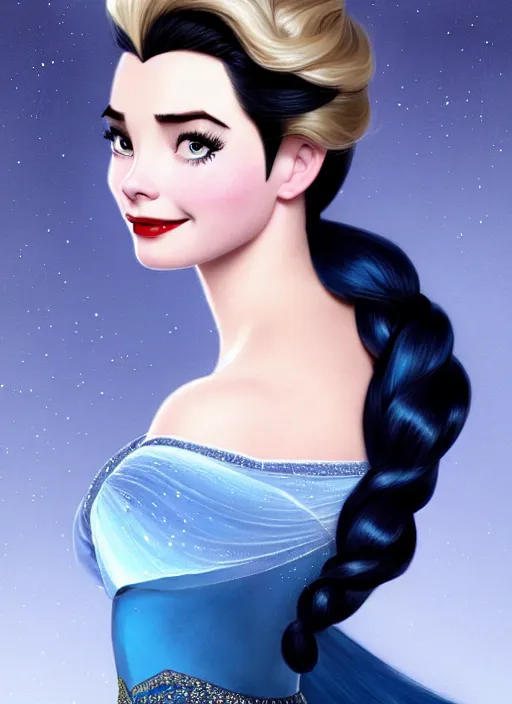 Image similar to Grace Kelly with Dark Blue Hair as Elsa from Frozen, western, D&D, fantasy, intricate, elegant, highly detailed, digital painting, artstation, concept art, matte, sharp focus, illustration, art by Artgerm and Greg Rutkowski and Alphonse Mucha, disney, masterpiece, stunning, artstation