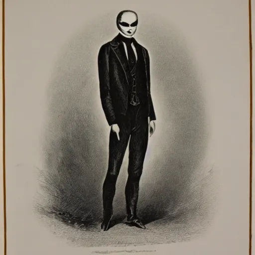 Prompt: lithograph of slenderman by adolphe millot