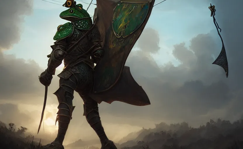 Image similar to a frog knight, holding up a large kite shield, battle armor, atmospheric lighting painted intricate volumetric lighting, beautiful, sharp focus, ultra detailed by leesha hannigan, ross tran, thierry doizon, kai carpenter, ignacio fernandez rios