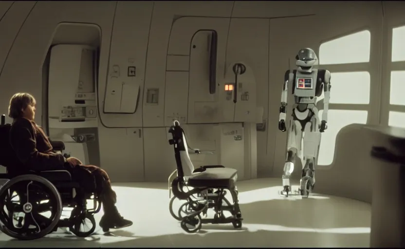 Prompt: cinematic still image screenshot portrait luke skywalker in cybernetic wheel chair talking to a lonely medical droid, from the tv show on disney + anamorphic lens, photo 3 5 mm film kodak from empire strikes back crisp 4 k imax