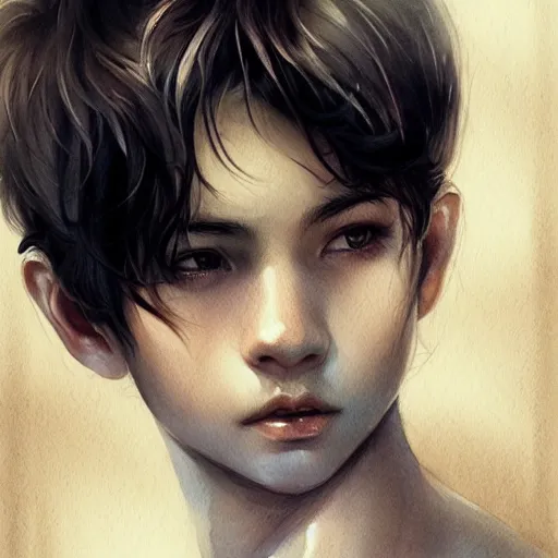 Image similar to young boy, black hair, light muscles, gorgeous, amazing, delicate, elegant, intricate, highly detailed, watercolor, portrait, artstation, concept art, sharp focus, illustration, art by charlie bowater and Ross tran