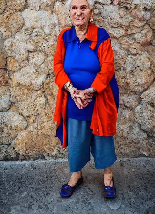 Prompt: Mid-shot portrait of a 65-year-old woman from Cyprus, happy, smiling, strong blue and orange colors, candid street portrait in the style of Martin Schoeller award winning, Sony a7R