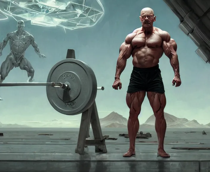 Image similar to An athletic Walter white as a body builder in a Starcitizen loading screen, muscular, ripped, intricate, dystopian, fantasy, extremely detailed, digital painting, artstation, concept art, smooth, sharp focus, illustration, stark lighting, incredible art by artgerm and greg rutkowski and alphonse mucha and simon stalenhag