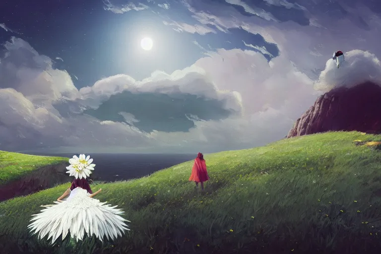 Image similar to giant white daisy flower head, girl walking on cliff, surreal photography, solar eclipse, milky way, dramatic light, impressionist painting, clouds, digital painting, artstation, simon stalenhag