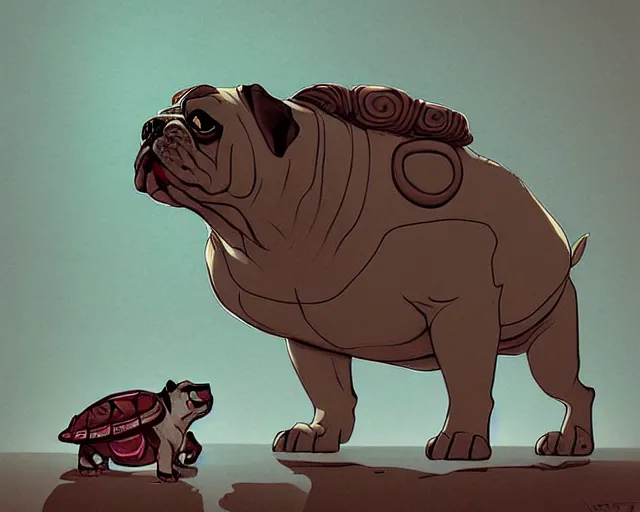 Image similar to cell shaded cartoon of a realistic bulldog with a turtle shell, concept art by josan gonzales and wlop, by james jean, victo ngai, david rubin, mike mignola, deviantart, art by artgem