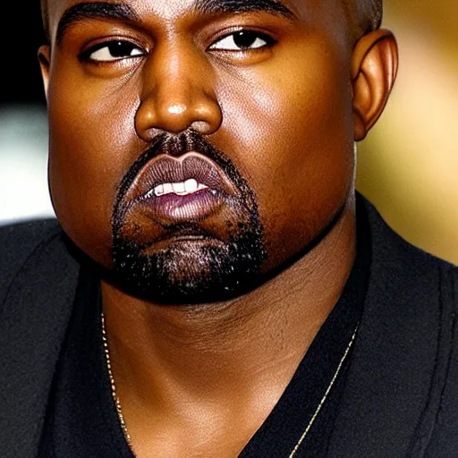 Prompt: kayne west starring at the camera, neutral face, wide, low quality close up