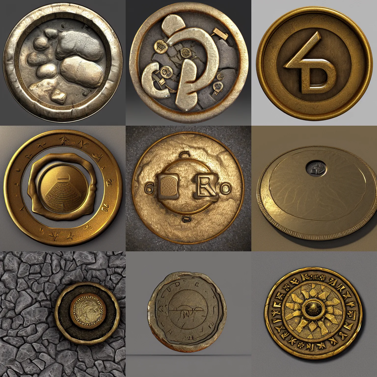 Prompt: An Dwemmer coin found buried with other treasure on the island of Vvardenfell, 4K render, ultra-high resolution