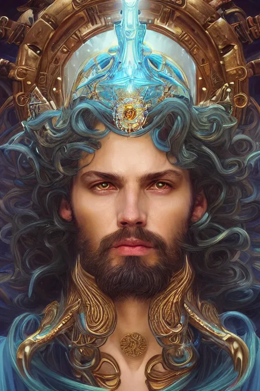 Image similar to portrait Poseidon god of sea with crown, sci-fi, fantasy, intricate, very very beautiful, elegant, highly detailed, digital painting, artstation, concept art, smooth, sharp focus, illustration, art by artgerm and greg rutkowski and alphonse mucha