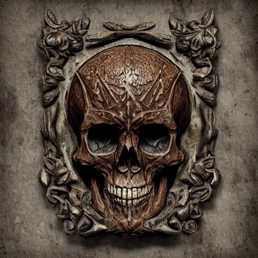 Prompt: rustic antiqued carving, gothic bas relief of skull with decorative tribal design, textured 3 d, intense detail, hyperealism, 4 k