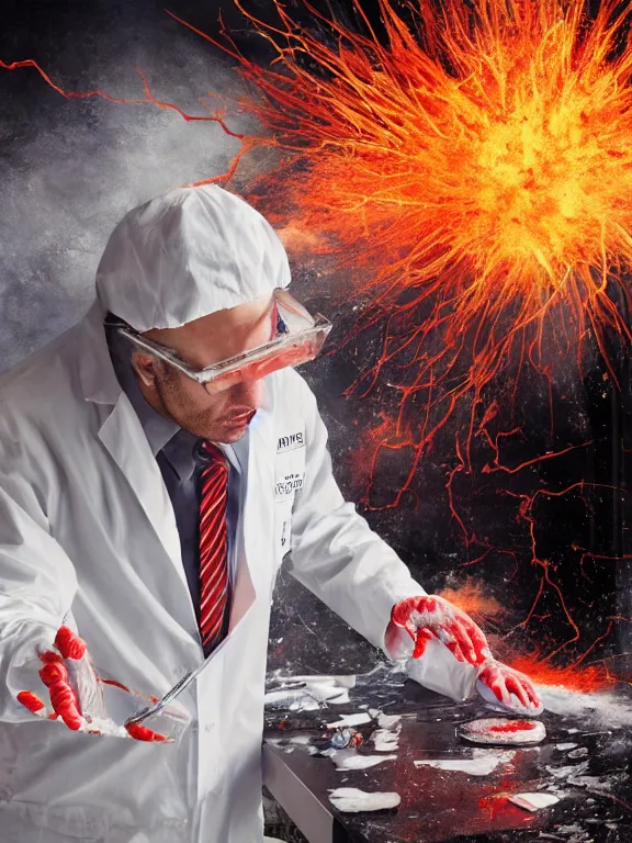 Image similar to scientist in a white coat, chemicals explosion on a white table in front of the scientist, digital art, digital painting, masterpiece, anatomically correct, five fingers, cinematic, high coherence, realistic, high quality, highly detailed, 8 k, dramatic lighting, path traced, centered, high definition