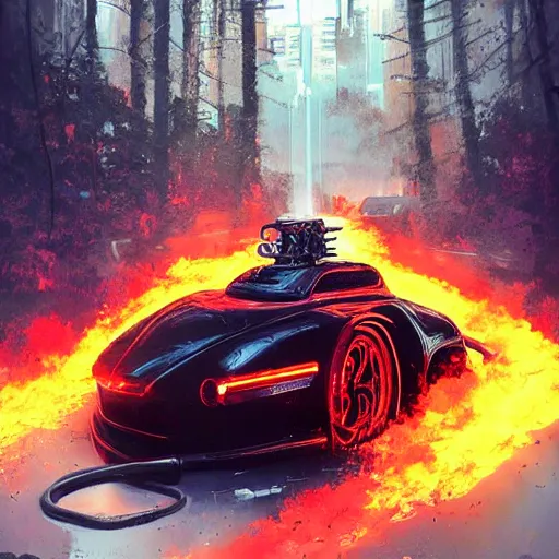 Prompt: { cyberpunk car on fire in the middle of the woods }, stylized, artgerm, artstation, hd, cgsociety, cgi, realistic, dramatic, cinematic, artistic, trending, detailed