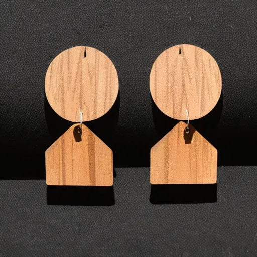 Prompt: lasercut segmented 2d wood earrings, graphic designs from 80's new wave