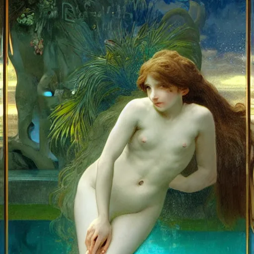 Prompt: Demon Girl at the palace, refracted sparkles, thunderstorm, greek pool, beach and Tropical vegetation on the background major arcana sky, by paul delaroche, alphonse mucha and arnold böcklin, hyperrealistic 8k, award-winning, very very very detailed