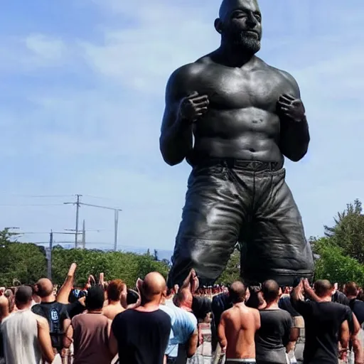 Image similar to group of human men worshipping giant statue of joe rogan in real life, 8 k, 4 k uhd, realistic, hyper realistic, super detailed, very detailed, detailed