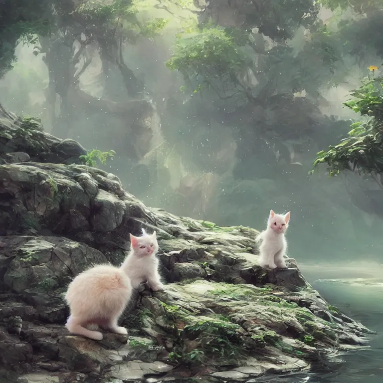 Image similar to a painting of a cute kitten at a river. character design by cory loftis, fenghua zhong, ryohei hase, ismail inceoglu and ruan jia. volumetric light, detailed, rendered in octane