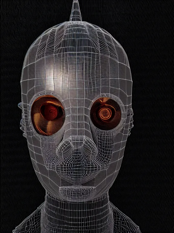 Image similar to cyborg head covered in bard wire, 3 d, in the style of blade runner, octane render, 8 k, rim lighting