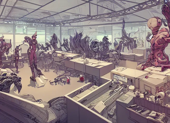 Image similar to large fancy showroom for designers, workshop. sharp focus, cinematic pose, cinematic lighting, unreal engine render. art by josan gonzales and moebius and deathburger.