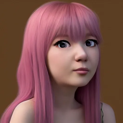 Image similar to A portrait of Nikki from Shining Nikki and Love, a cute 3d cgi toon young woman with long light pink hair, full bangs, hazel eyes, full face, light makeup, pale skin, Chinese heritage, cute outfit, medium shot, mid-shot, hyperdetailed, 8k, trending on artstation, as a Pixar character