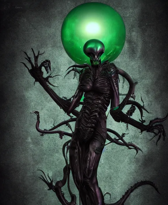 Image similar to xenomorph queen goth model hybrid, dragon eggs, dark emerald mist colors, giger background liminal void, cinematic lighting, realistic, award winning photograph, various refining methods, micro macro autofocus