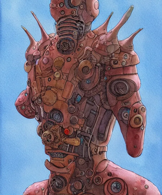 Image similar to a watercolor painting character portrait of a machine mutant in the style of jean giraud in the style of moebius trending on artstation deviantart pinterest detailed realistic hd 8 k high resolution