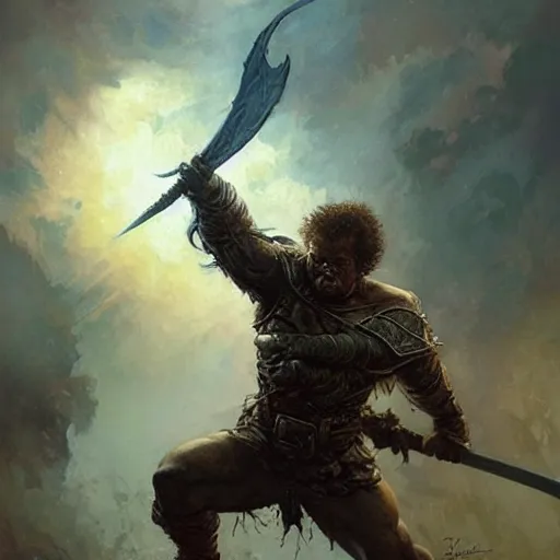 Prompt: Steve Brule running into battle holding a sword, by Frank Frazetta, Greg Rutkowski, Boris Vallejo, epic fantasy character art, Exquisite detail, elven armor, post-processing, low angle, masterpiece, cinematic