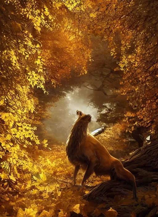 Prompt: golden leaves at frame border, creative!!! composition for a book cover, absurdly beautiful, ultrafine hyperrealistic detailed animal by wlop and artgerm and greg rutkowski, intricate linework, sharp focus, smooth, unreal engine, dramatic lighting, ethereal, 8 k