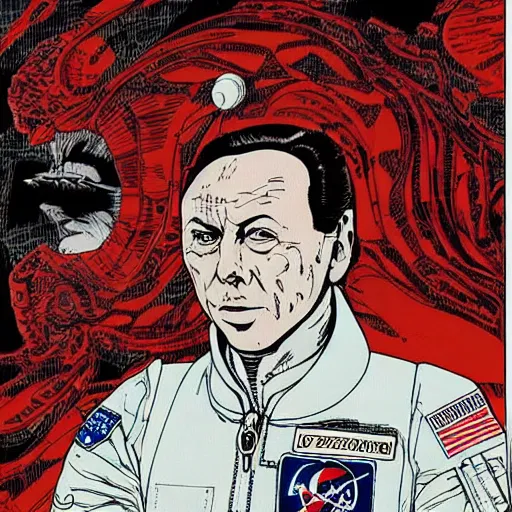 Image similar to portrait of berlusconi naraka astronaut painted in miyazaki color style drawn by katsuhiro otomo and takato yamamoto, high detail, intricate linework, sharp, monster face, perspective, manga and anime