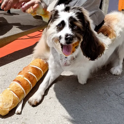 Image similar to san bernardo dog eating a baguette, photography