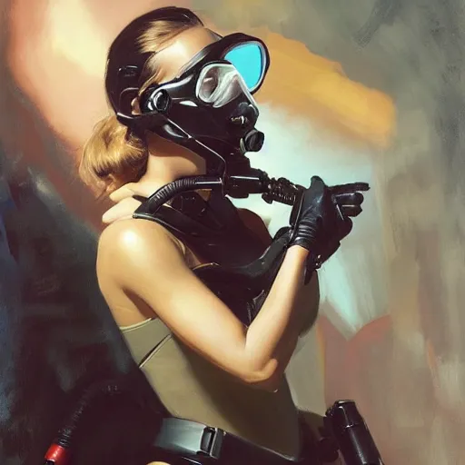 Image similar to a portrait of natalie portman in a scuba dive mask and a snorkel, greg manchess painting by sargent and leyendecker, studio ghibli, fantasy, medium shot, asymmetrical, intricate, elegant, matte painting, illustration, hearthstone, by greg rutkowski, by greg tocchini, by james gilleard, by joe fenton