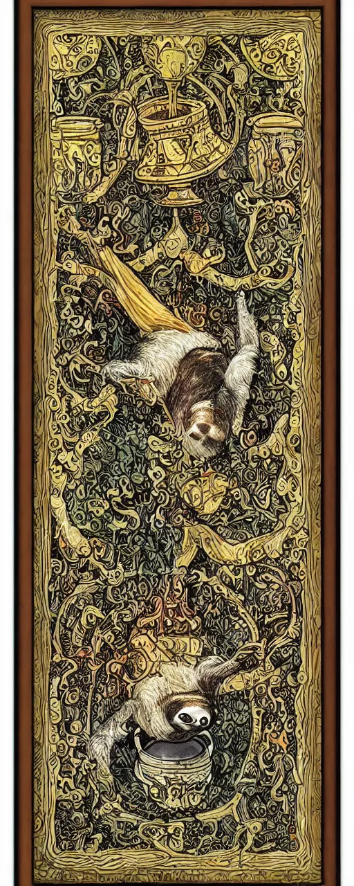 Image similar to sloth as the king of cups, framed, intricate details, medieval art style, high contrast, posterized