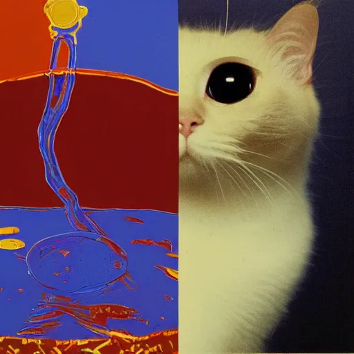 Image similar to autumn technological modern stream sphere birman cat scrapbook vein yeast , by Camille-Pierre Pambu Bodo and Andy Warhol and Johannes Vermeer , cyberpunk , Hyperrealism , fauvist