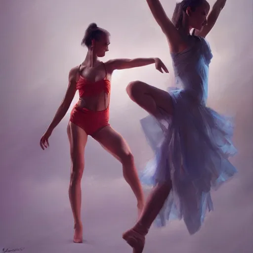 Image similar to oil painting dancer woman with dancer men, herb rose, by greg rutkowski, artstation